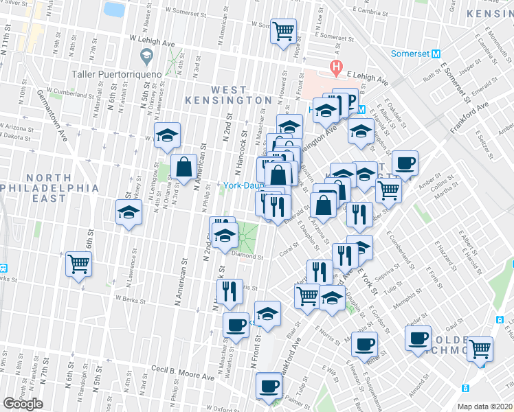 map of restaurants, bars, coffee shops, grocery stores, and more near 2225 Waterloo Street in Philadelphia