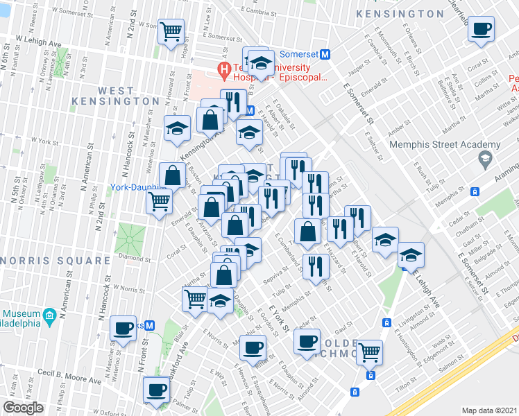 map of restaurants, bars, coffee shops, grocery stores, and more near 2075 East Cumberland Street in Philadelphia