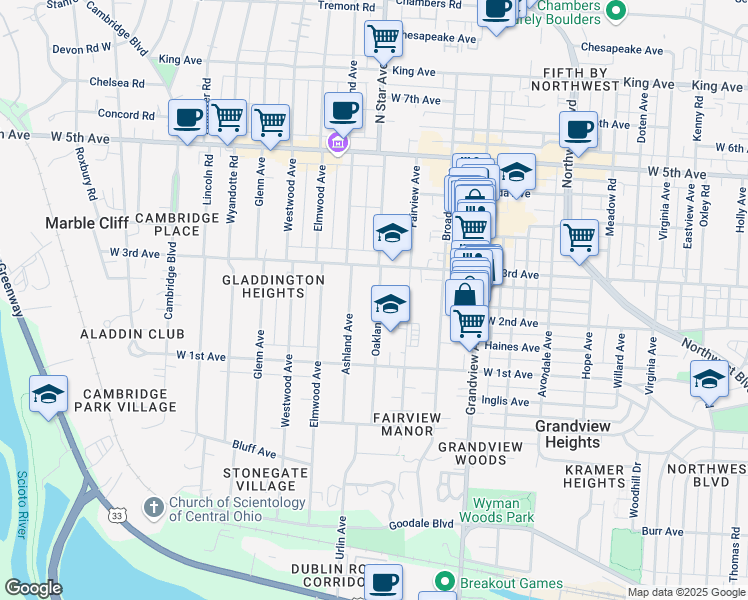 map of restaurants, bars, coffee shops, grocery stores, and more near 1319 Oakland Avenue in Columbus
