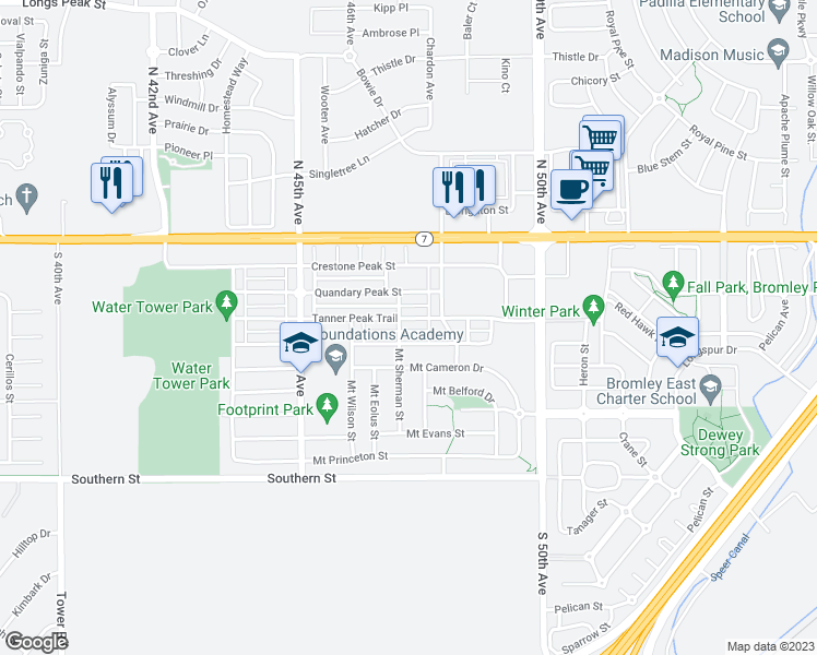 map of restaurants, bars, coffee shops, grocery stores, and more near 4716 Tanner Peak Trail in Brighton
