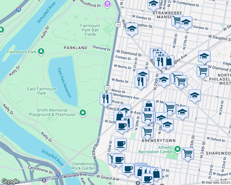 map of restaurants, bars, coffee shops, grocery stores, and more near 3215 West Montgomery Avenue in Philadelphia