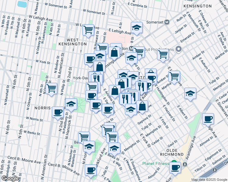 map of restaurants, bars, coffee shops, grocery stores, and more near 2007 East York Street in Philadelphia