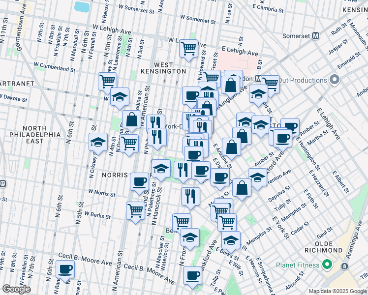 map of restaurants, bars, coffee shops, grocery stores, and more near 2225 Waterloo Street in Philadelphia