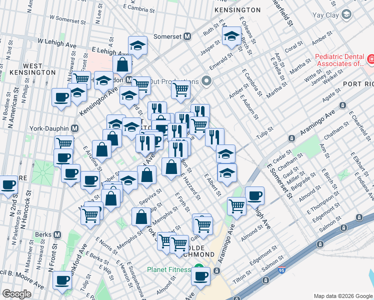 map of restaurants, bars, coffee shops, grocery stores, and more near 2134 East Hazzard Street in Philadelphia