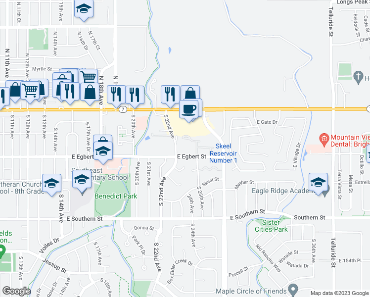 map of restaurants, bars, coffee shops, grocery stores, and more near 2215 East Egbert Street in Brighton