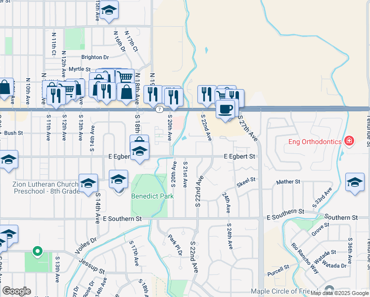 map of restaurants, bars, coffee shops, grocery stores, and more near 2025 East Egbert Street in Brighton