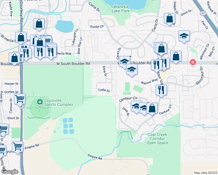 map of restaurants, bars, coffee shops, grocery stores, and more near 1502 Seneca Circle in Lafayette