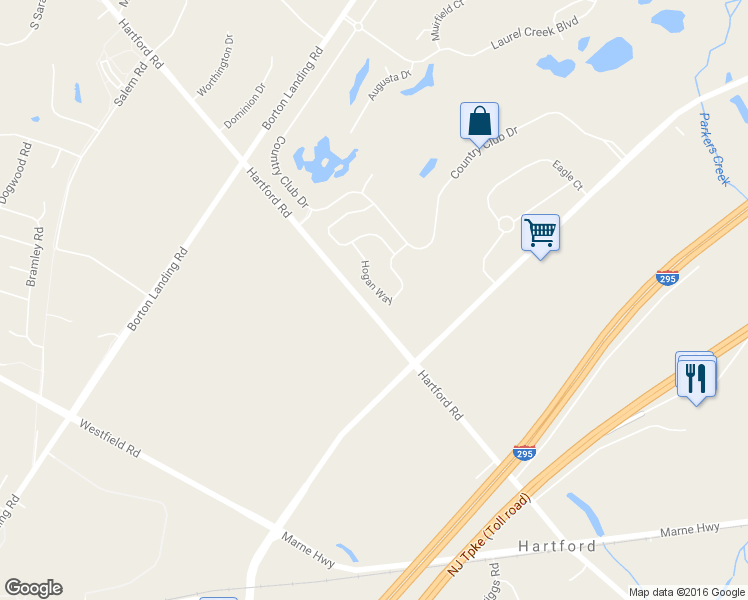 map of restaurants, bars, coffee shops, grocery stores, and more near 43 Hogan Way in Moorestown
