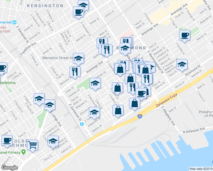map of restaurants, bars, coffee shops, grocery stores, and more near 2581 East Elkhart Street in Philadelphia
