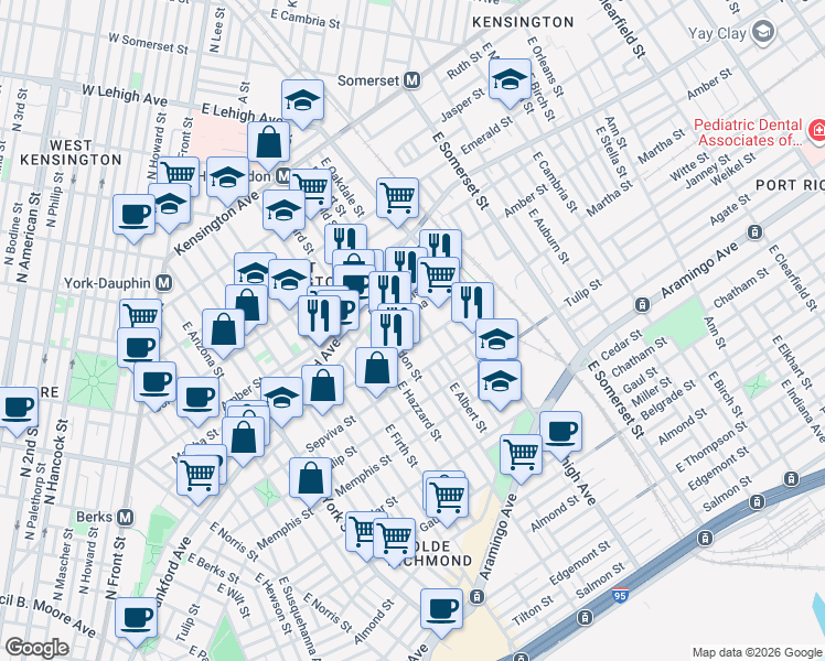 map of restaurants, bars, coffee shops, grocery stores, and more near 2134 East Hazzard Street in Philadelphia