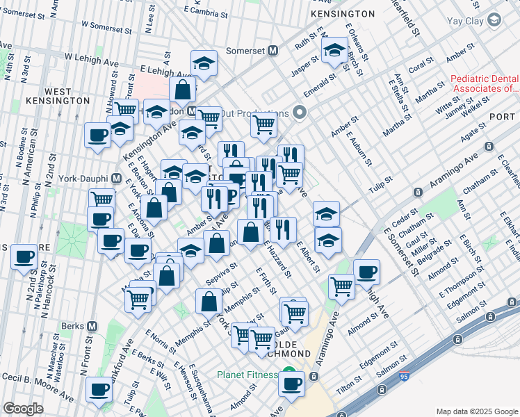 map of restaurants, bars, coffee shops, grocery stores, and more near 2134 East Hazzard Street in Philadelphia