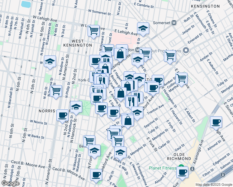 map of restaurants, bars, coffee shops, grocery stores, and more near 2001 East Arizona Street in Philadelphia