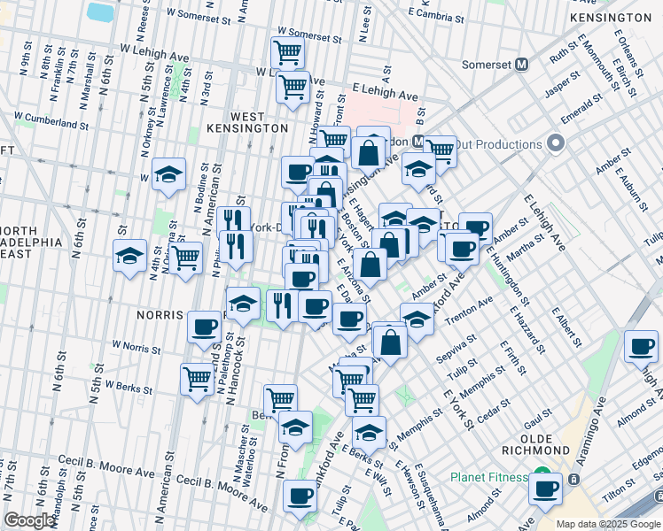 map of restaurants, bars, coffee shops, grocery stores, and more near 1918 East Dauphin Street in Philadelphia
