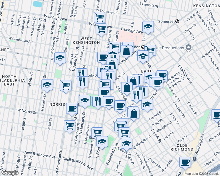 map of restaurants, bars, coffee shops, grocery stores, and more near 1918 East Dauphin Street in Philadelphia