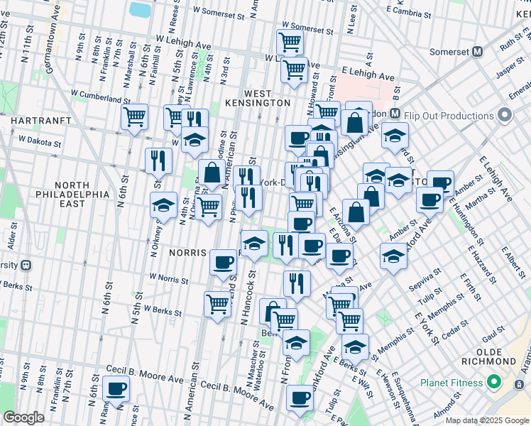 map of restaurants, bars, coffee shops, grocery stores, and more near 2207 North Hancock Street in Philadelphia