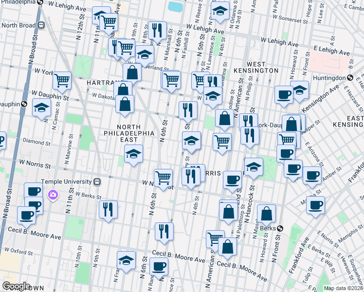 map of restaurants, bars, coffee shops, grocery stores, and more near 2142 North Reese Street in Philadelphia