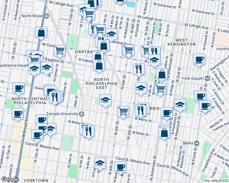 map of restaurants, bars, coffee shops, grocery stores, and more near 2144 North Marshall Street in Philadelphia