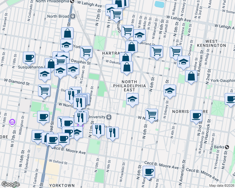 map of restaurants, bars, coffee shops, grocery stores, and more near 2107 North Percy Street in Philadelphia