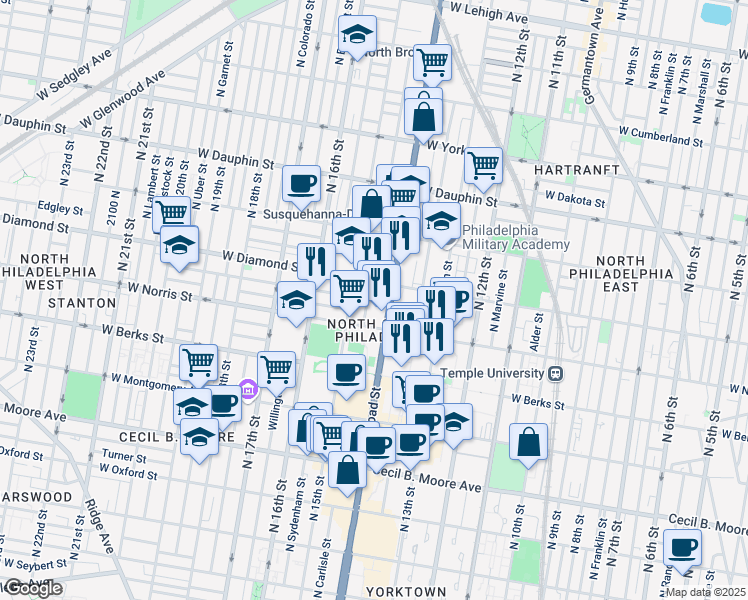 map of restaurants, bars, coffee shops, grocery stores, and more near 2029 North Carlisle Street in Philadelphia