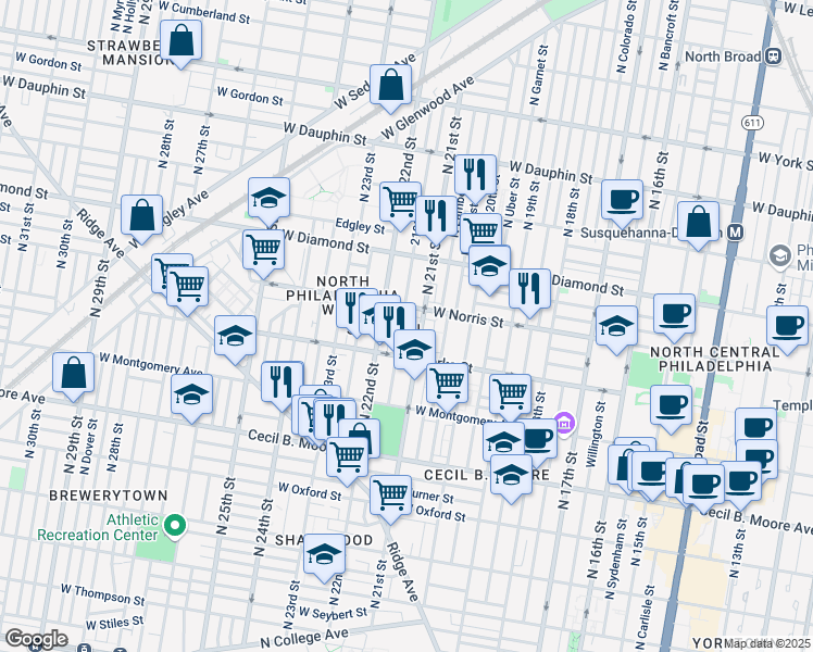 map of restaurants, bars, coffee shops, grocery stores, and more near 1930 North Van Pelt Street in Philadelphia