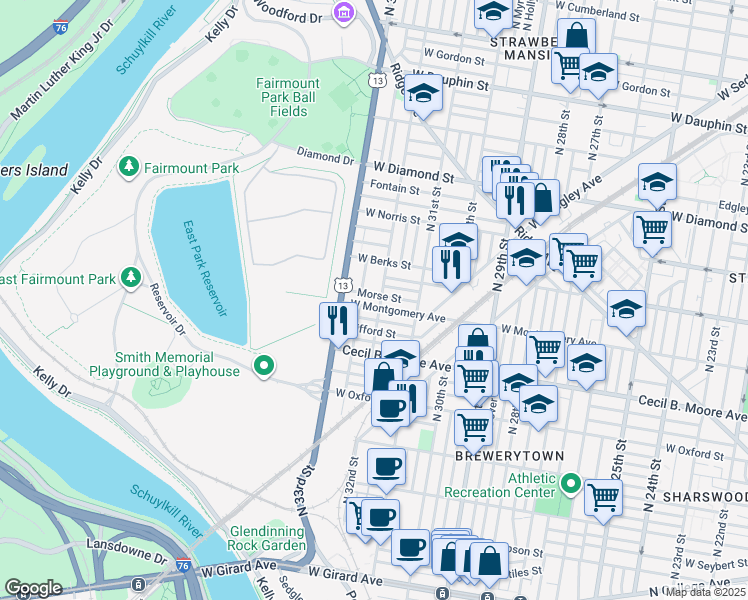 map of restaurants, bars, coffee shops, grocery stores, and more near 3139 West Montgomery Avenue in Philadelphia