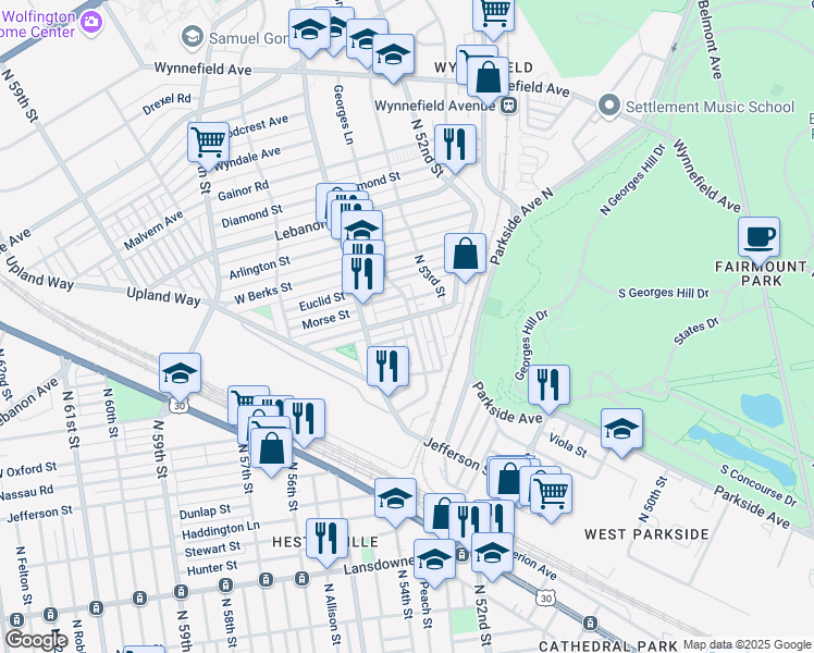 map of restaurants, bars, coffee shops, grocery stores, and more near 1740 Georges Lane in Philadelphia