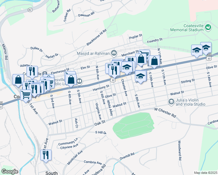 map of restaurants, bars, coffee shops, grocery stores, and more near 24 Pennsylvania Avenue in Coatesville