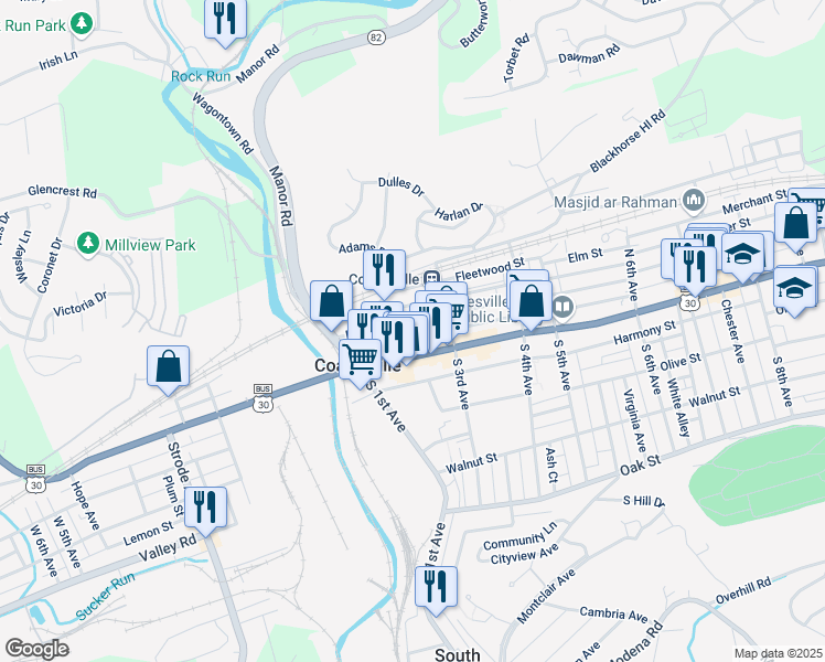 map of restaurants, bars, coffee shops, grocery stores, and more near 15 North 2nd Avenue in Coatesville