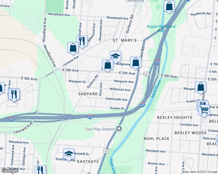 map of restaurants, bars, coffee shops, grocery stores, and more near 2192 Willamont Avenue in Columbus