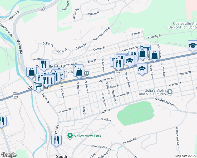 map of restaurants, bars, coffee shops, grocery stores, and more near 538 Lincoln Highway East in Coatesville