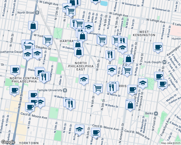 map of restaurants, bars, coffee shops, grocery stores, and more near 2144 North Marshall Street in Philadelphia
