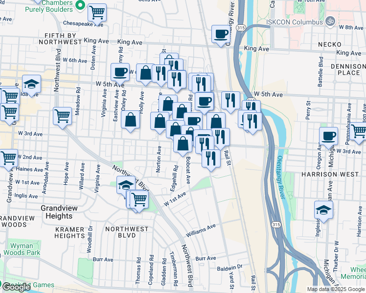 map of restaurants, bars, coffee shops, grocery stores, and more near 909 West 3rd Avenue in Columbus