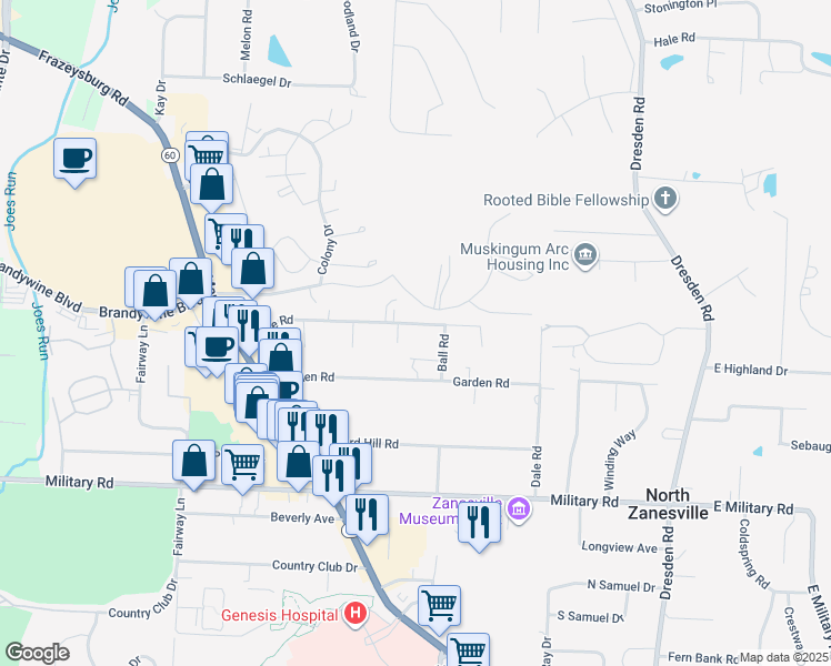 map of restaurants, bars, coffee shops, grocery stores, and more near 830 Grove Road in Zanesville