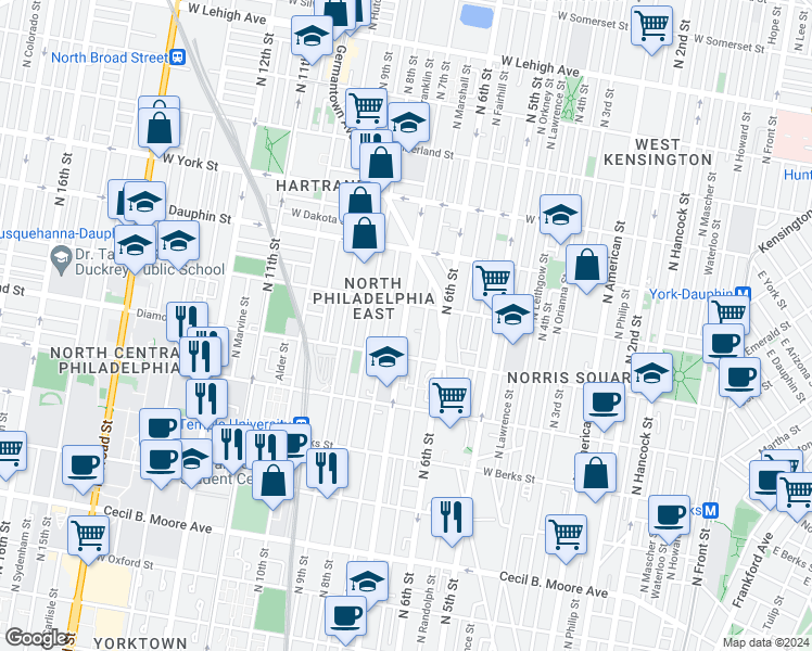 map of restaurants, bars, coffee shops, grocery stores, and more near 2137 North 7th Street in Philadelphia