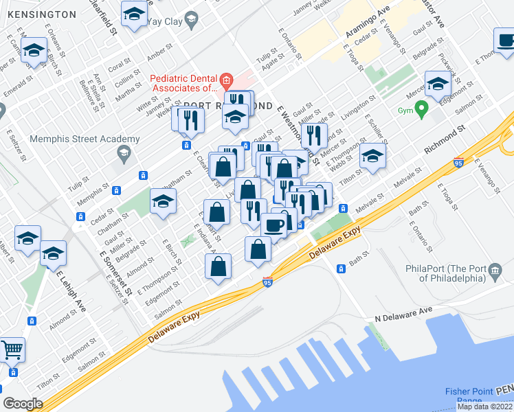 map of restaurants, bars, coffee shops, grocery stores, and more near 3132-48 East Thompson Street in Philadelphia
