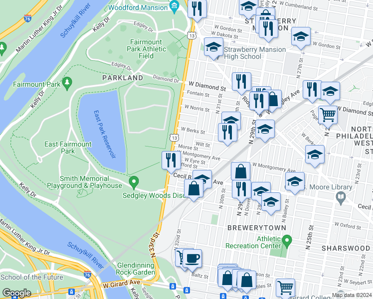 map of restaurants, bars, coffee shops, grocery stores, and more near 3215 West Montgomery Avenue in Philadelphia
