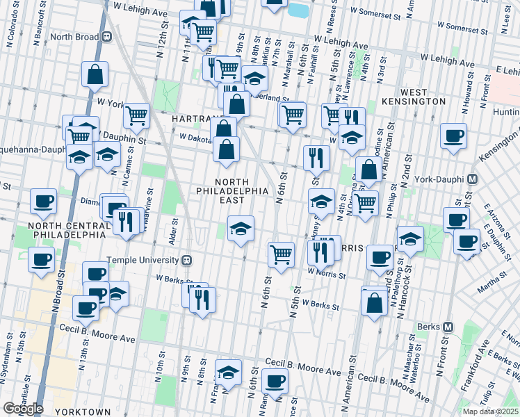 map of restaurants, bars, coffee shops, grocery stores, and more near 2146 North Marshall Street in Philadelphia