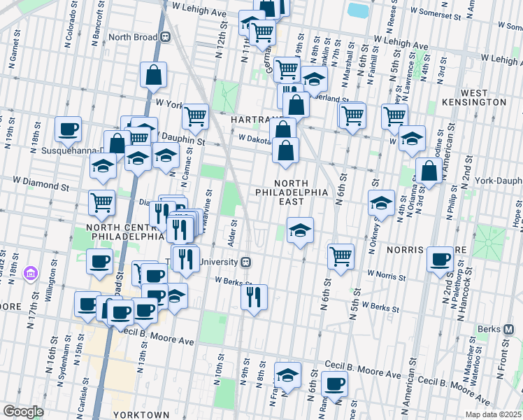 map of restaurants, bars, coffee shops, grocery stores, and more near 2116 North Percy Street in Philadelphia