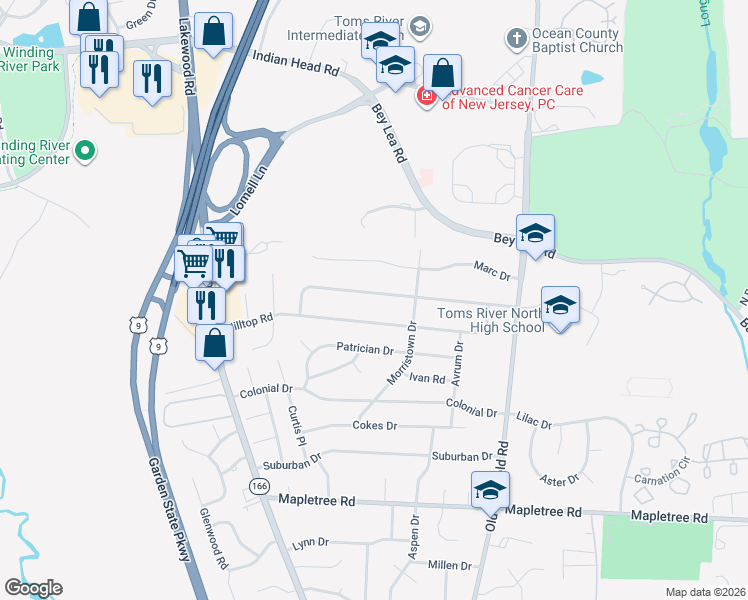 map of restaurants, bars, coffee shops, grocery stores, and more near 349 Dallas Drive in Toms River