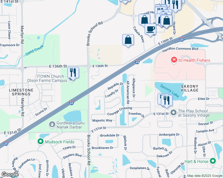 map of restaurants, bars, coffee shops, grocery stores, and more near 12657 Republic Drive in Fishers