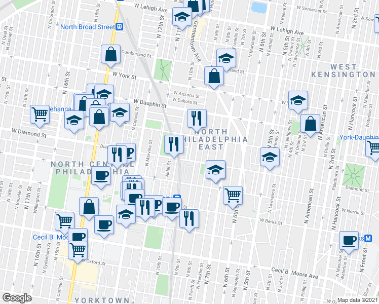 map of restaurants, bars, coffee shops, grocery stores, and more near 2116 North Percy Street in Philadelphia