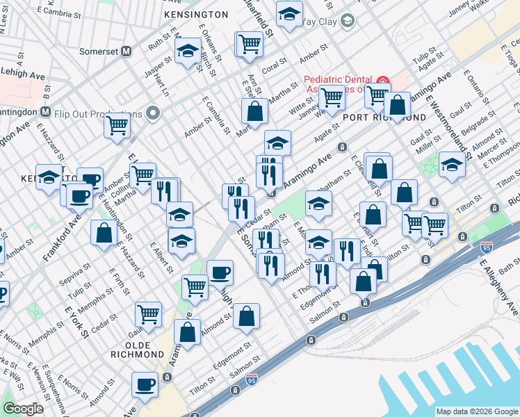 map of restaurants, bars, coffee shops, grocery stores, and more near 2851 Aramingo Avenue in Philadelphia