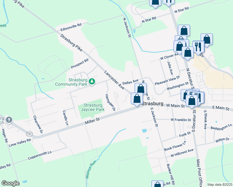 map of restaurants, bars, coffee shops, grocery stores, and more near 118 Miller Street in Strasburg