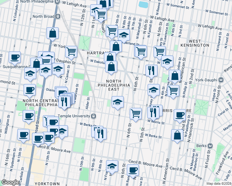 map of restaurants, bars, coffee shops, grocery stores, and more near 2138 North Franklin Street in Philadelphia