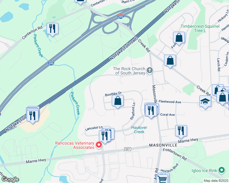map of restaurants, bars, coffee shops, grocery stores, and more near 44 Boothby Drive in Mount Laurel Township