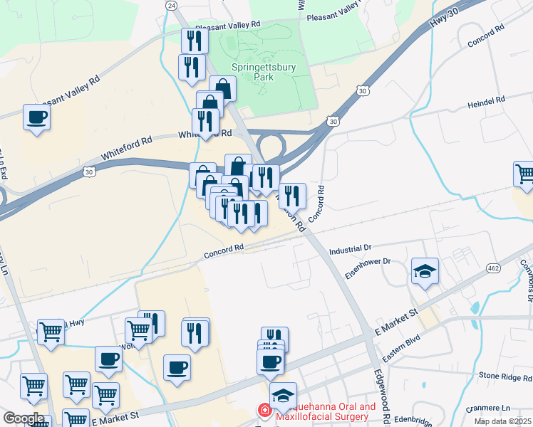 map of restaurants, bars, coffee shops, grocery stores, and more near 2915 Concord Road in York