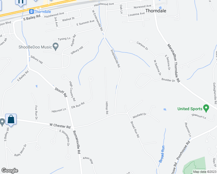 map of restaurants, bars, coffee shops, grocery stores, and more near 1533 Hilltop Road in Downingtown