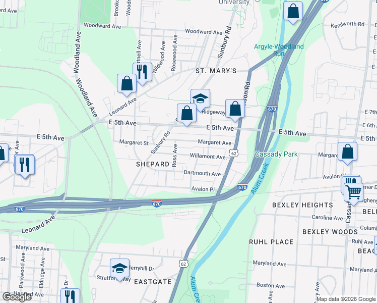 map of restaurants, bars, coffee shops, grocery stores, and more near 2192 Willamont Avenue in Columbus