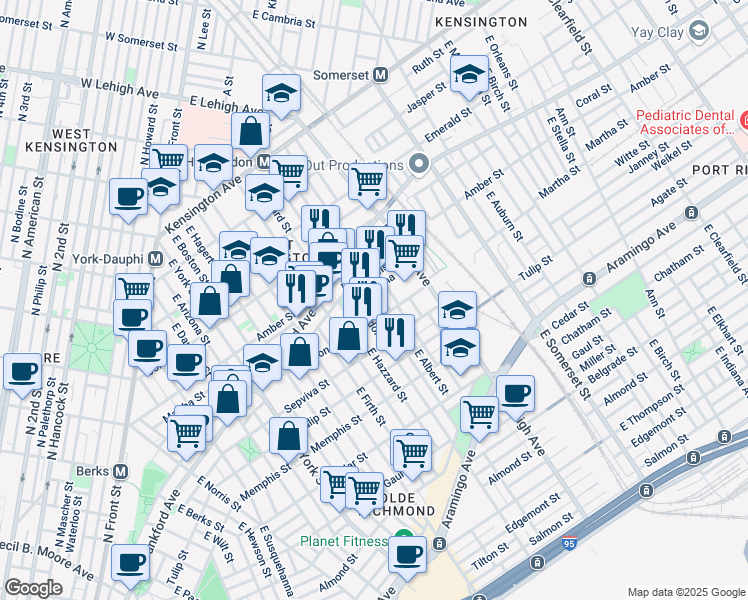 map of restaurants, bars, coffee shops, grocery stores, and more near 2131 East Harold Street in Philadelphia