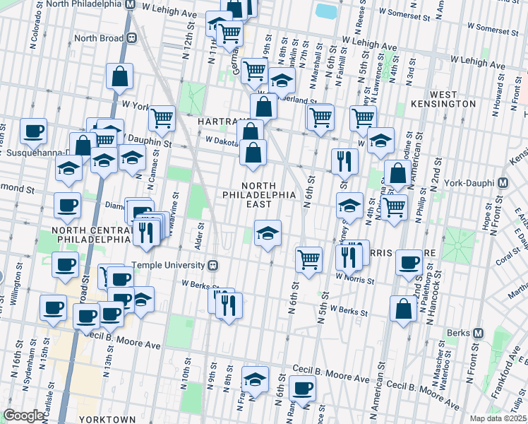 map of restaurants, bars, coffee shops, grocery stores, and more near 2138 North Franklin Street in Philadelphia